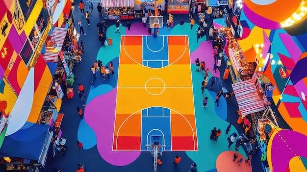 An overhead shot of a basketball arena during a crucial game; the focus is on the vibrant colors of the team uniform and fan apparel.