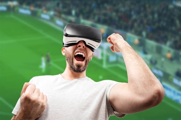 A soccer fan wearing a VR headset, fully immersed in a virtual stadium experience, reacting with excitement to the game as if they were actually there. The Evolution of the Fan Experience: How Technology is Changing the Way We Support Soccer is depicted by the seamless blending of the real and virtual worlds, enhancing the viewing experience.