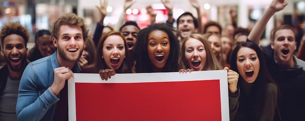 A group of fans gathered outside a stadium, holding banners and signs advocating for affordable ticket prices and improved game-day experiences. The fans are diverse in age, gender, and ethnicity, showcasing the unity and collective voice of the fan base as they strive to 