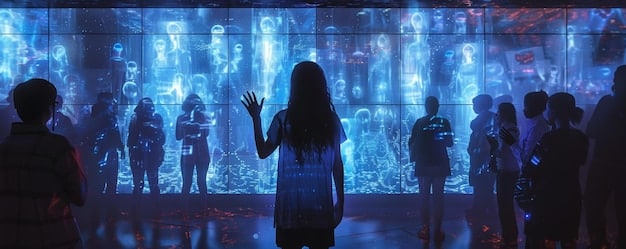 A holographic projection of a celebrity interacts with real-life fans at a convention, illustrating the blend of digital and physical experiences in the future of fandom. The scene highlights audience engagement with cutting-edge tech in a bright, interactive setting.