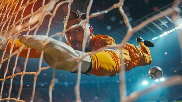 A close-up shot of Matt Turner, the current USMNT goalkeeper, making a diving save during a high-stakes match. His intense focus and athletic ability are evident, as is the USMNT jersey. The image emphasizes his skill and importance to the national team as they prepare for the World Cup 2026: Predicting the US Team's Starting Lineup Based on Current Player Performance.