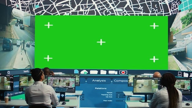 An interior shot of a stadium security control room, showcasing multiple monitors displaying real-time video feeds from different camera angles within the stadium. Security personnel are seen analyzing the feeds and coordinating responses, emphasizing the role of technology in World Cup Security: What New Measures Are Being Implemented for the 2026 Tournament in the US?.