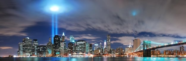 A panoramic view of New York City at night, showcasing the iconic skyline and suggesting the vibrant nightlife available for tourists during World Cup Travel: How to Plan Your Trip to See the 2026 Games Across the US.
