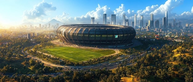 A photograph showing a modern cityscape with a soccer stadium prominently featured. The stadium is surrounded by hotels, restaurants, and transportation hubs, illustrating the infrastructure needed to support the World Cup 2026: Analyzing the Economic Impact on Host Cities Across the US. The image should convey a sense of preparedness and urban readiness for the influx of visitors.