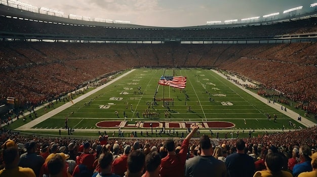 A panoramic view of a packed stadium in the United States during a USMNT match. The atmosphere is electric with fans waving flags, banners, and wearing team colors, creating a visually stunning representation of home advantage. The focus is on capturing the intense energy and support that the team receives from their home crowd, influencing World Cup Qualifying: What Are the US Team's Chances of Securing a Top Seed in 2026?.
