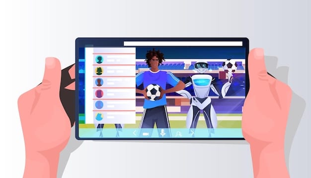 A split-screen image showing a live game feed on one side and a tablet displaying real-time player statistics and tactical analysis on the other. The tablet screen includes heatmaps of player movements, pass completion rates, and other relevant data points, illustrating how fans can access detailed information during the game. The image is focused on 