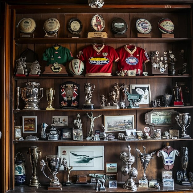 A display case filled with World Cup memorabilia, including signed jerseys, limited edition pins, and commemorative coins. The items are neatly arranged and well-lit, showcasing their collectible value and historical significance.