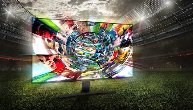 Close-up image of a television screen displaying FOX Sports' World Cup coverage. The screen shows a dynamic graphic with the World Cup logo, network branding, and live match score. This visual exemplifies a key element of World Cup Broadcasting: Which Networks Will Be Airing the 2026 Games in the US?