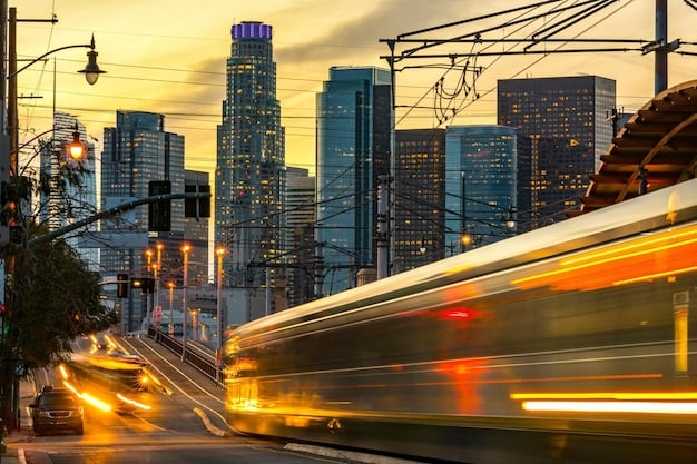 A high-speed train speeding along a modernized track in a major US city, with a cityscape in the background. The scene represents the upgraded transportation infrastructure resulting from hosting the World Cup 2026 and its benefits for urban connectivity and economic development.