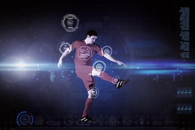 An augmented reality display showing a 3D model of a soccer player with data overlays indicating speed, distance, and potential foul zones. The image illustrates the integration of real-time data analytics into VAR technology and shows How is VAR Technology Evolving in Major US Soccer Leagues in 2025?.