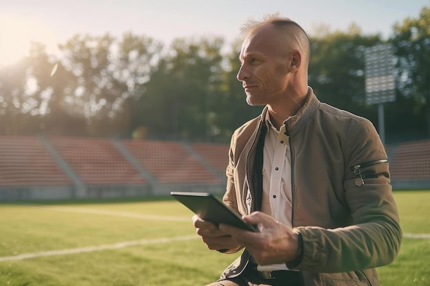 A US soccer coach using a tablet device on the sidelines during a game. The tablet displays real-time data from wearable sensors worn by the players. The shot emphasizes the coach’s analytical focus and the integration of technology in the game strategy with insights into 'What New Wearable Tech is Giving US Soccer Players a Competitive Edge?'.