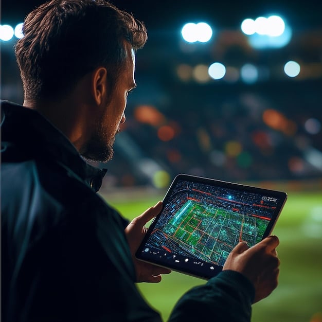 A close-up shot of a tablet screen displaying a soccer player's profile, with heatmaps and performance metrics visualized through AI algorithms. The background shows a blurred image of a scout watching a game. Keywords: soccer analytics, AI scouting software, player performance data.  Can AI-Powered Scouting Improve Player Recruitment for US Soccer Teams by 15%?