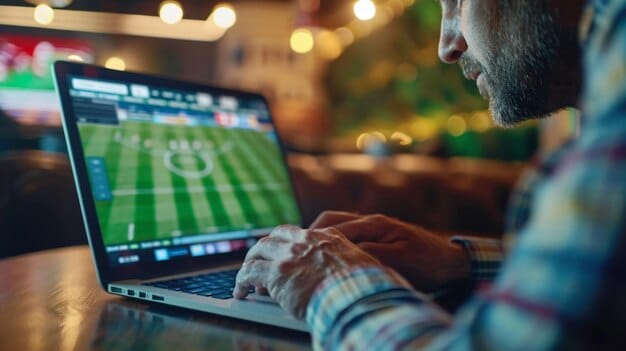 A coach in a US soccer academy using a software dashboard on a computer to analyze player performance metrics. The dashboard displays various charts and graphs representing player data. Include How are US Soccer Academies Using Data Analytics to Develop Young Talent? in the image description.