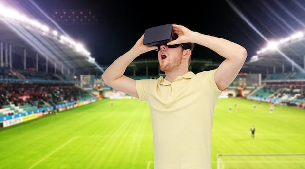 A close-up shot of a VR headset displaying a soccer field from the perspective of a midfielder. The virtual players around him are moving fluidly, simulating a fast-paced game scenario. This highlights the immersive aspect of VR training in How are US Soccer Coaches Using Virtual Reality for Training and Tactical Analysis?.