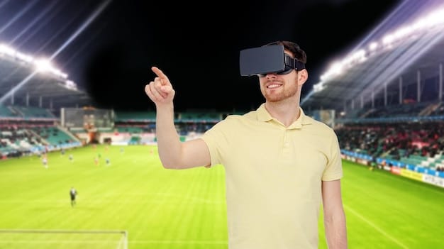 A soccer coach reviewing a VR training session with a player. The coach is pointing to a screen displaying data and analytics from the session, emphasizing the data-driven aspect of VR training. This illustrates the analytical dimension of How are US Soccer Coaches Using Virtual Reality for Training and Tactical Analysis?.
