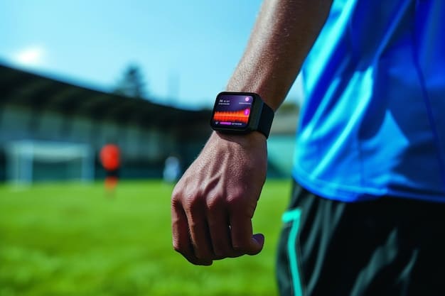 A close-up shot of a wearable sensor device attached to a soccer player's leg during training. The device is sleek and modern and the focus highlights the technological aspect of injury prevention. The scene shows how What New Technologies are Improving Injury Prevention in US Soccer by 20%.