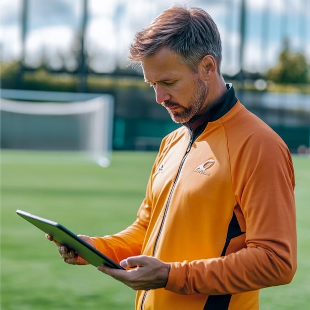 A soccer coach reviewing data analytics on a tablet during a break in training. The screen shows various metrics and graphs, illustrating the coach's data-driven approach to player management and injury prevention, showcasing What New Technologies are Improving Injury Prevention in US Soccer by 20%.