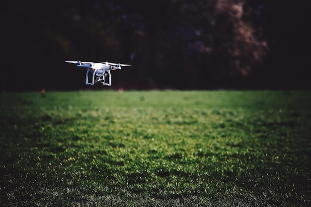 A close-up shot of a drone hovering over a soccer field during a US soccer team's training session. The drone is equipped with a high-resolution camera, capturing detailed footage of the players below. The focus is on the drone's role in helping US soccer teams with their aerial training and game analysis.