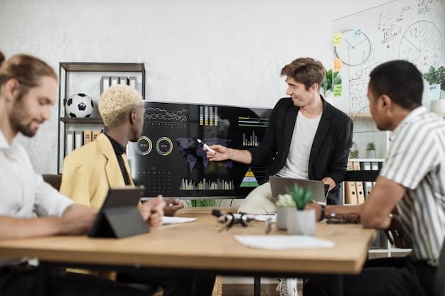 A soccer club's management team meeting around a table, discussing data analytics reports on a large screen. The team is engaged in a discussion, highlighting the collaborative effort to leverage data for better fan marketing strategies. The setting and context should reinforce the theme of using data to increase revenue.