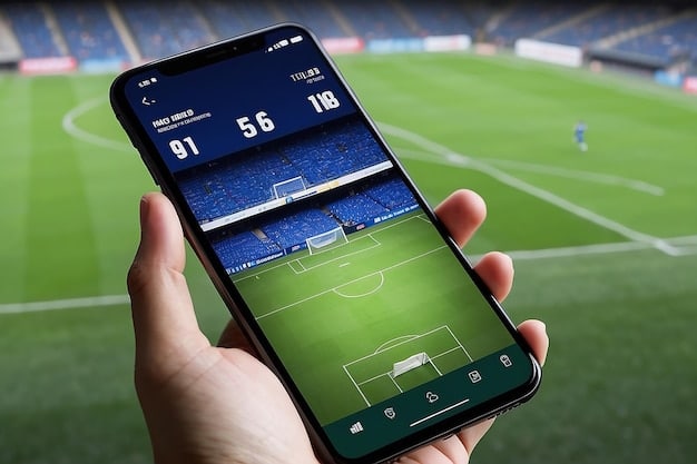 A close-up shot of a smartphone screen displaying a soccer app interface with real-time match statistics, live scores, and player data. The UI is clean and modern, emphasizing the ease of access to information. The focus is on the app's ability to deliver immediate and comprehensive game insights.
