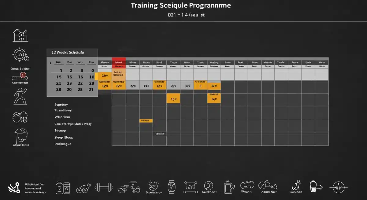 Visual representation of a 12-week training programme schedule with integrated recovery