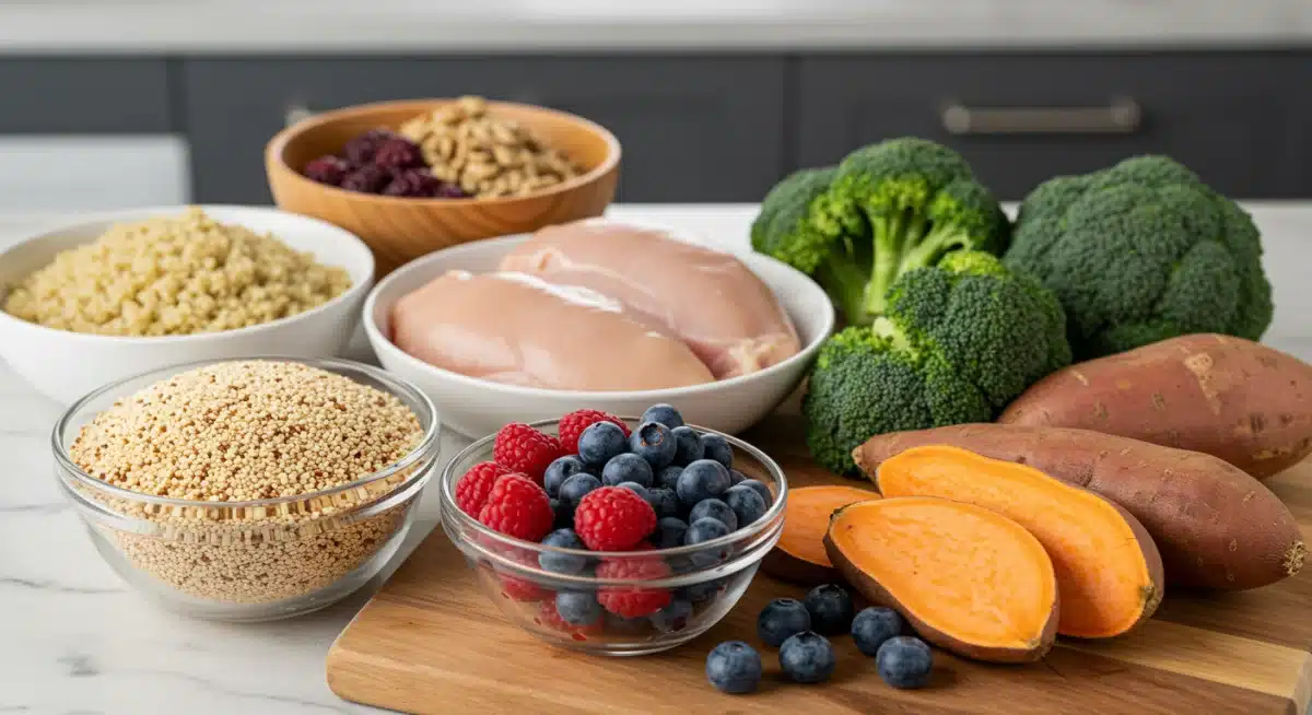 Healthy food items for athlete meal preparation, including lean protein and vegetables.
