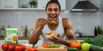 Athlete enjoying a healthy, unprocessed meal, symbolising smart eating for athletic performance.