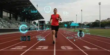 Athlete sprinting on track with data overlays, symbolising advanced sports nutrition and recovery strategies.