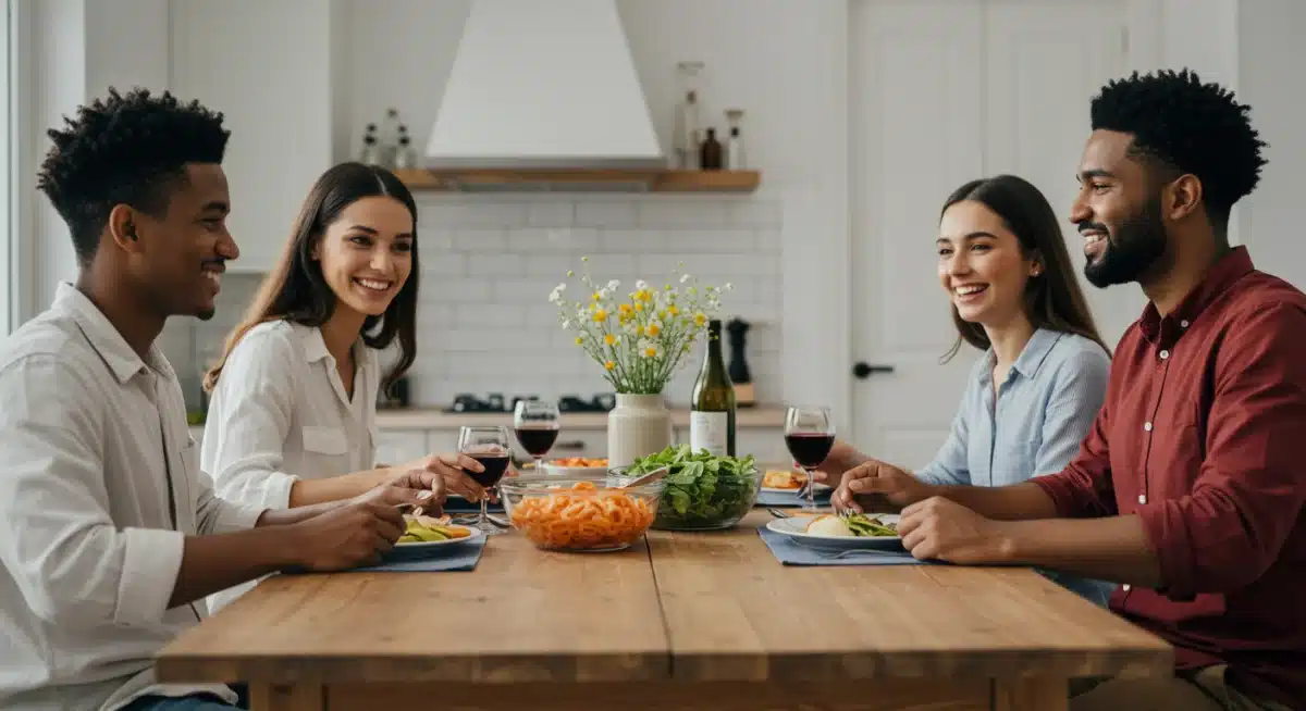 Family enjoying healthy home-cooked meal, representing health and financial benefits.