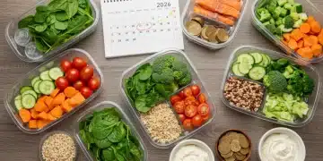 Meal prep containers with healthy food, illustrating financial savings and organised eating.