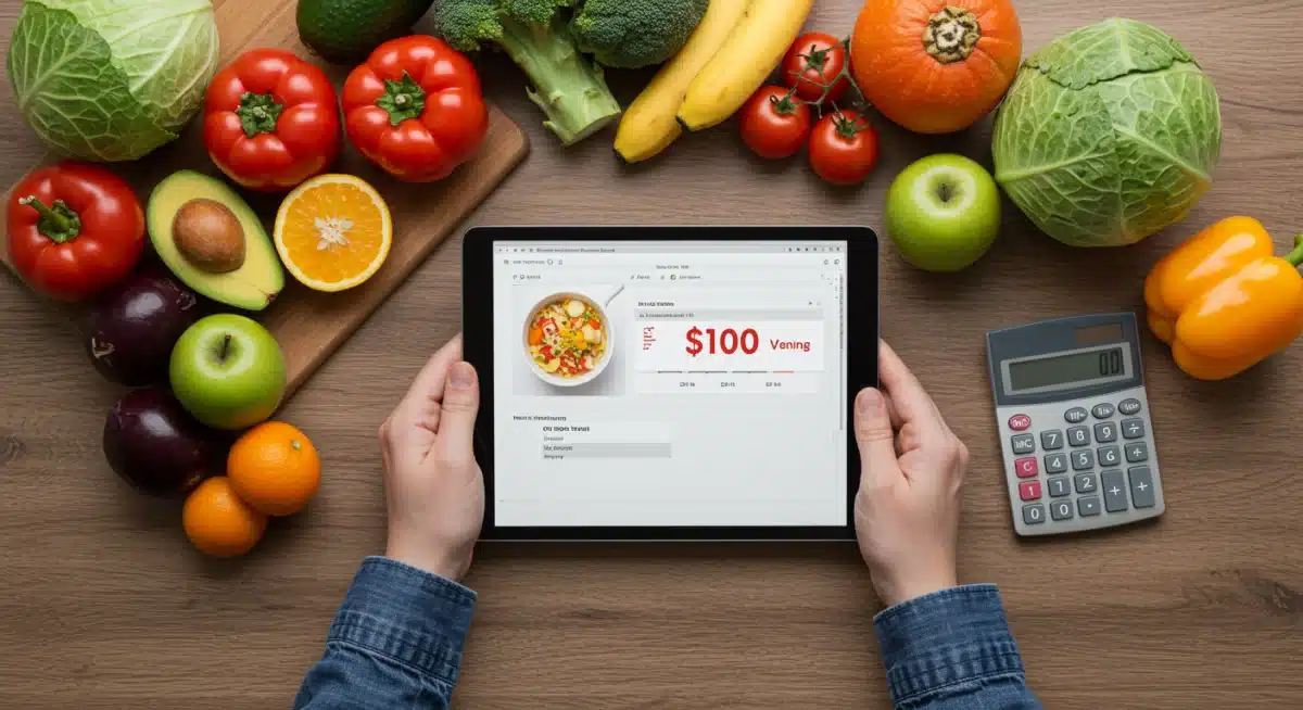 Person planning meals on a tablet, surrounded by groceries and a calculator.