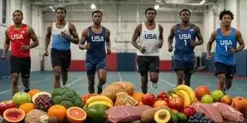 US athletes training with healthy, balanced meal components on display, representing new dietary guidelines.