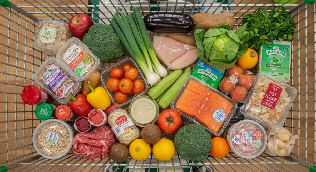 Grocery cart filled with whole foods, illustrating a shift from processed items to smart eating.