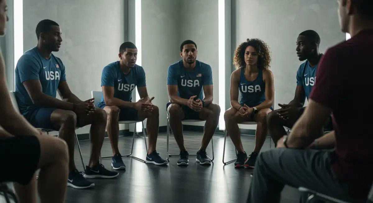 US athletes discussing mental health in a group support session.