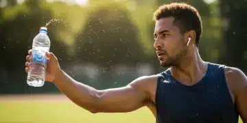 Athlete hydrating during summer training, preventing performance drop.