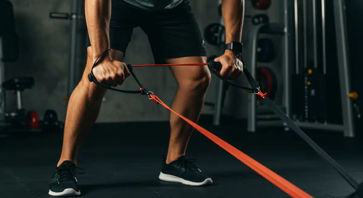 Athlete using resistance band for targeted strength training.