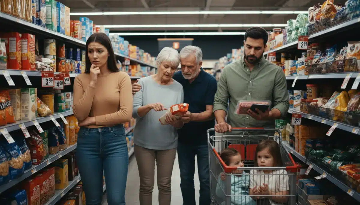 Consumers observing rising prices in a supermarket, reflecting inflation's impact.
