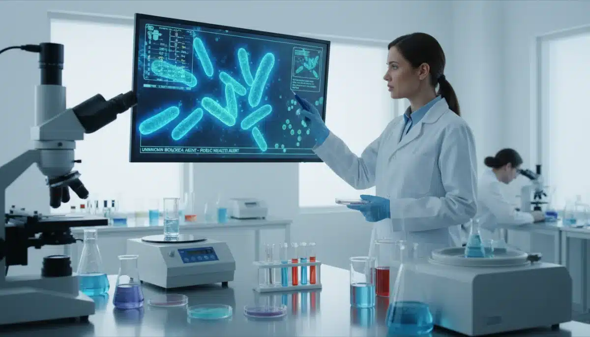Laboratory scientist examining food contaminant under a microscope