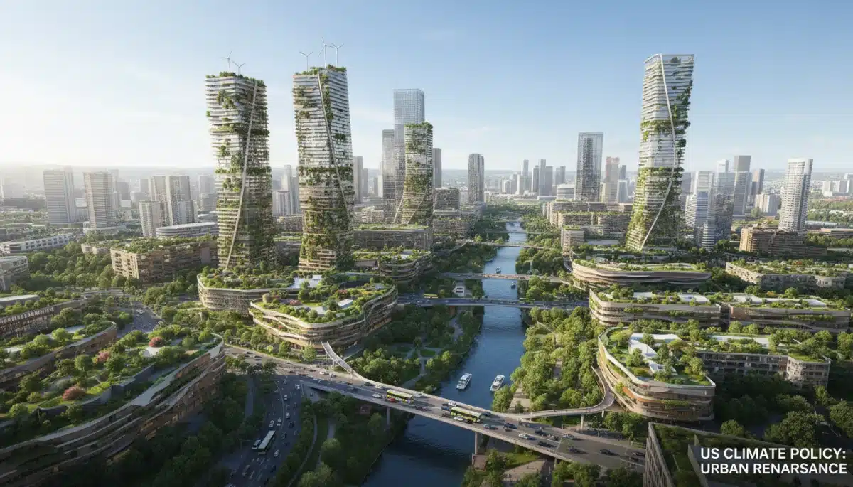 Modern green city skyline with electric vehicles, reflecting urban development under new US climate policy.
