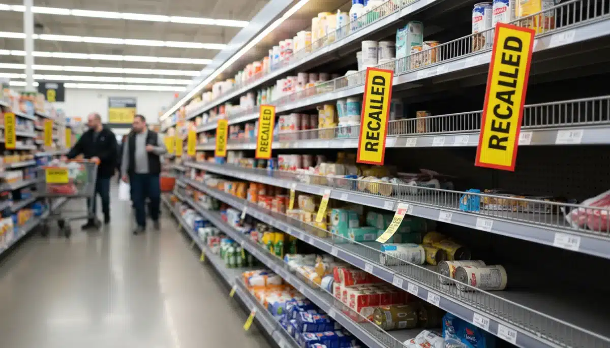 Empty and recalled product shelves in a supermarket during a food crisis