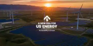 Sunrise over wind turbines and solar panels, symbolising the new US climate policy shift and £20 billion energy investment.