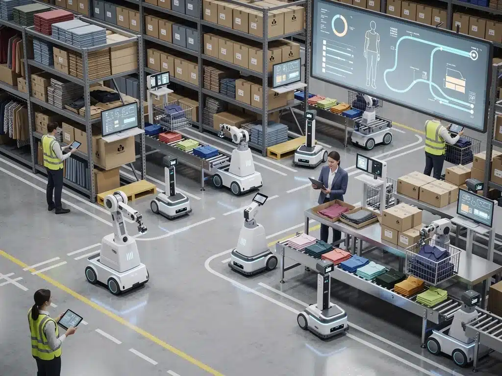 Automated warehouse with robots and human oversight optimising fashion inventory management and distribution.