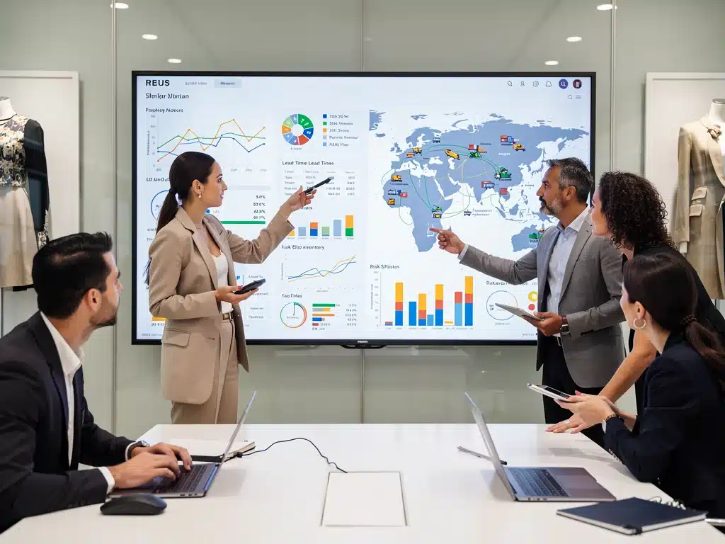 Fashion industry professionals collaborating around a digital display analysing real-time supply chain data and planning strategies.