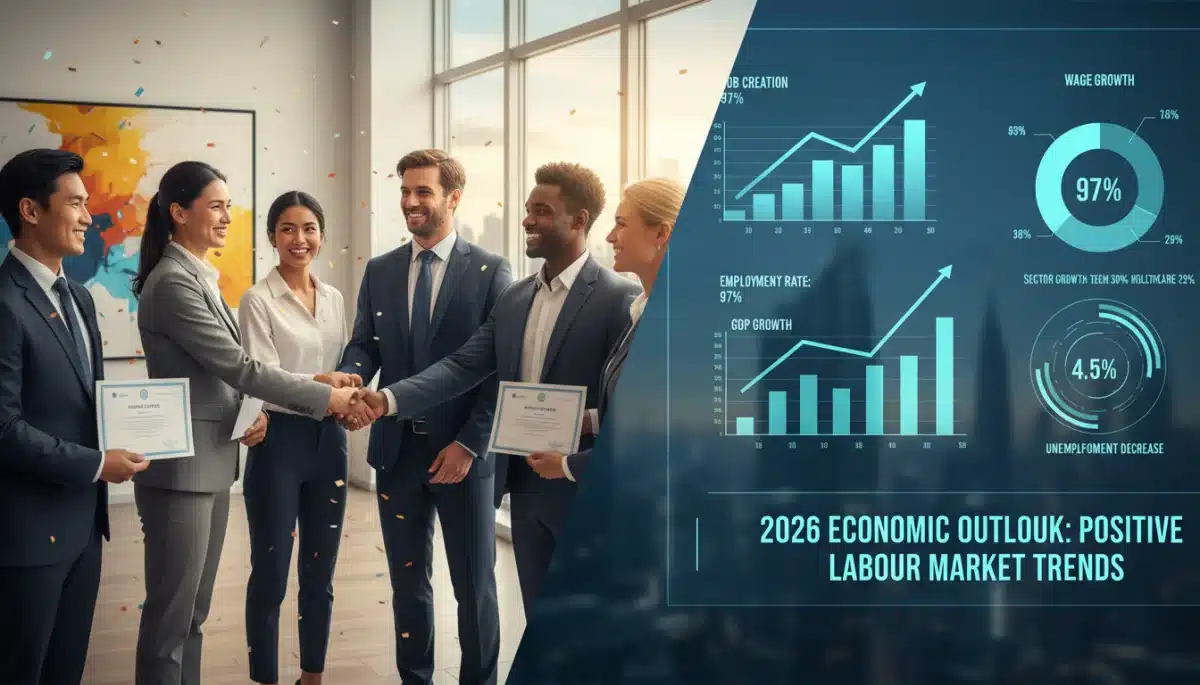 Diverse professionals celebrating job market growth and positive labour market trends in 2026.