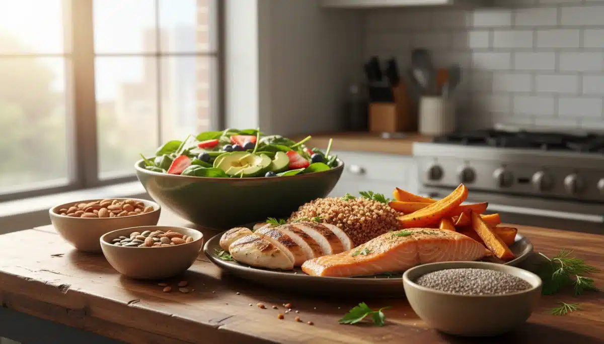 Assortment of fresh, nutrient-dense foods for athlete fuelling.