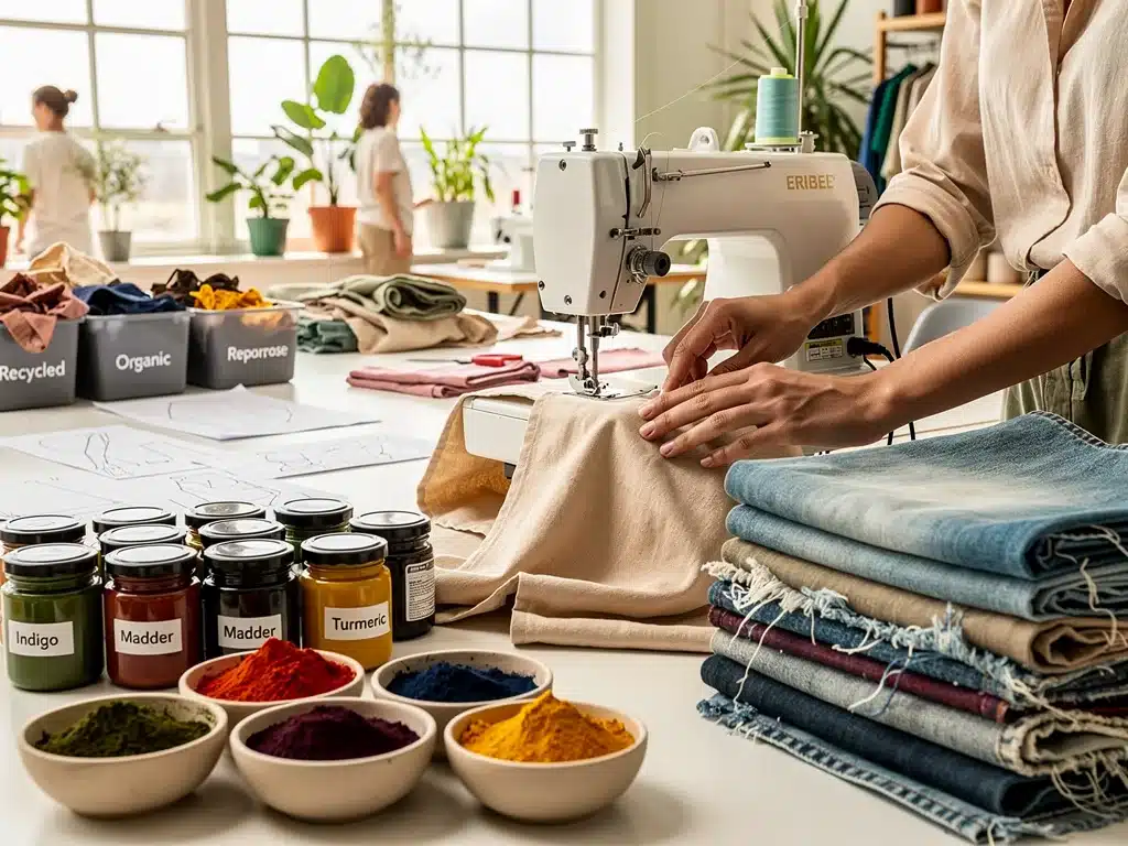 Sustainable fashion production with organic materials and ethical manufacturing.