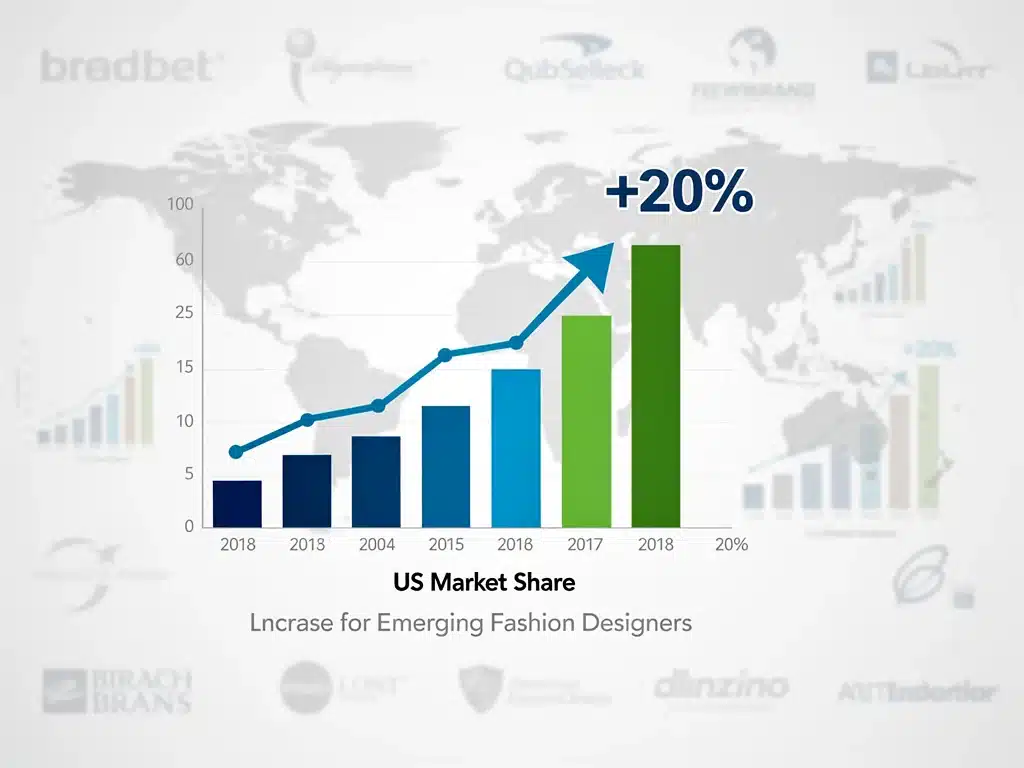 Charts depicting 20% US market share growth for emerging designers through global brand collaborations.