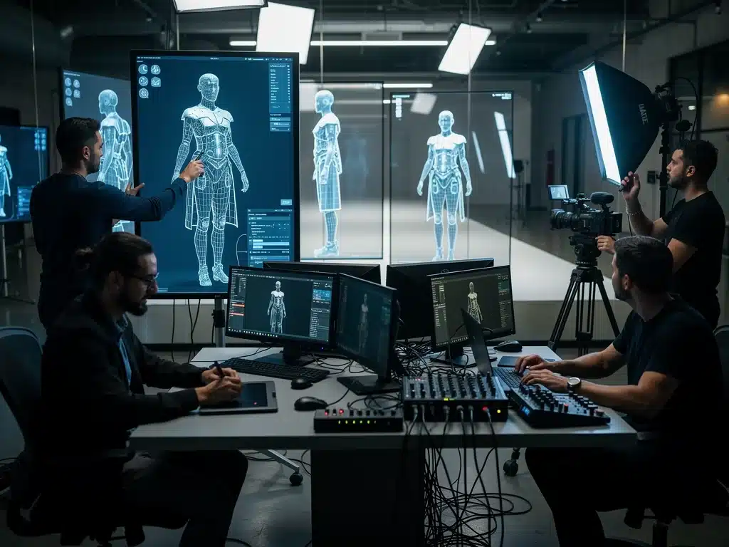 Designers preparing for a virtual fashion showcase.