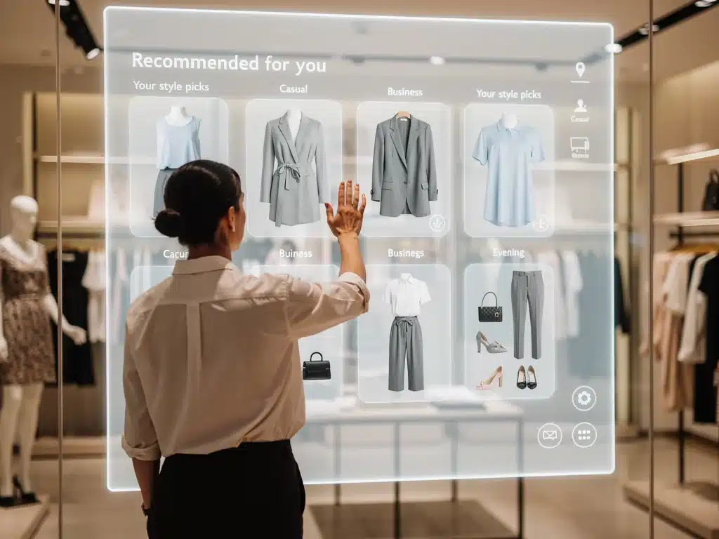 AI-driven virtual stylist assisting customer in a US fashion boutique.