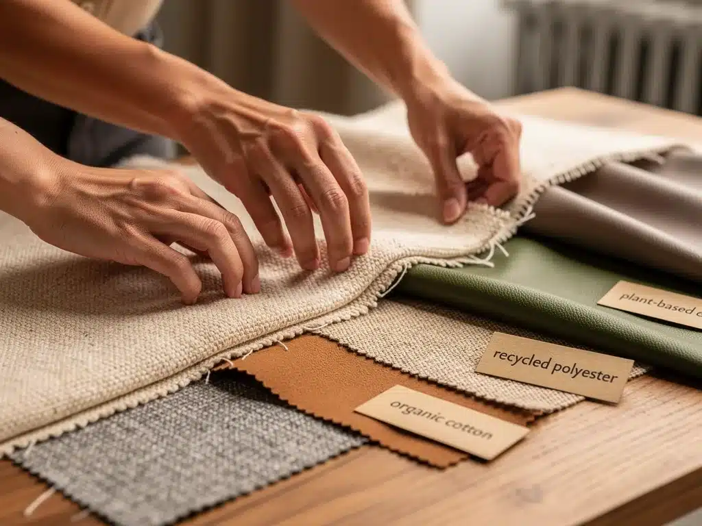 Hands examining swatches of eco-friendly and innovative textiles, including organic cotton and recycled materials, for US sustainable fashion.